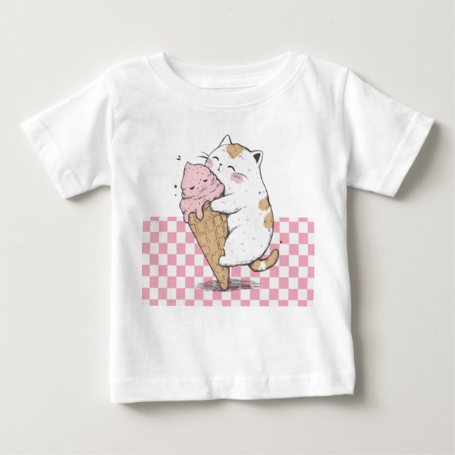 Camiseta Para Bebê Gato bonito com Cone Sorvete (Frente)