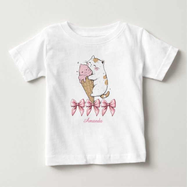 Camiseta Para Bebê Gato bonito com Sorvete e nome T-Shirt (Frente)