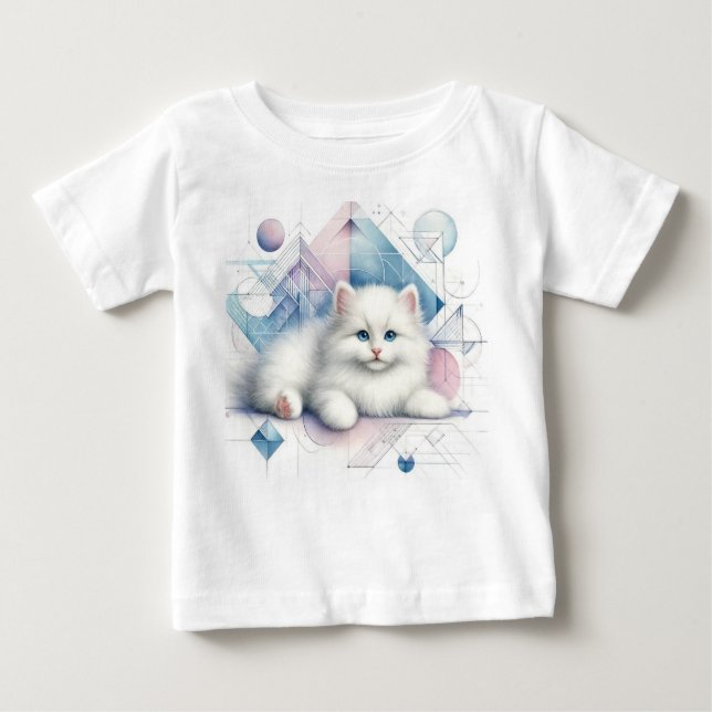 Camiseta Para Bebê Gato Branco Adorável com Aquarela Geométrica Art B (Frente)