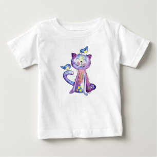 Camiseta Para Bebê Gato Branco e Roxo Cugado com Aves