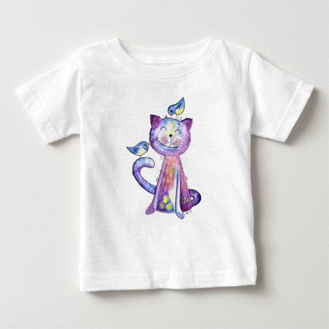 Camiseta Para Bebê Gato Branco e Roxo Cugado com Aves (Frente)