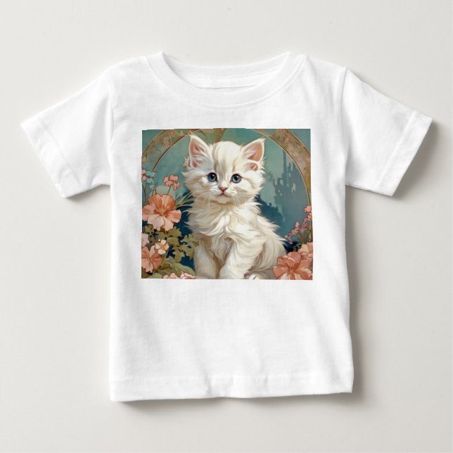 Camiseta Para Bebê Gato Branco Estilo Alphonse Mucha (Frente)