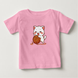 Camiseta Para Bebê “Gato Branco Fofo Brincando com Bola de Lã Kawaii