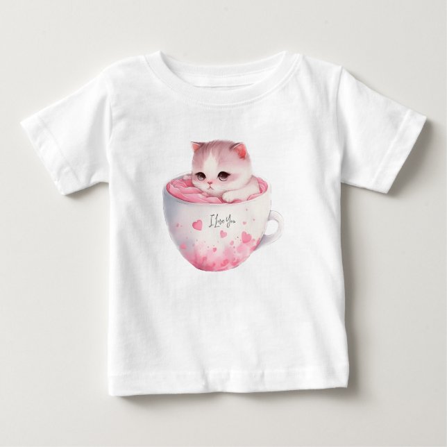 Camiseta Para Bebê Gato branco-rosado em uma taça de chá (3) (Frente)