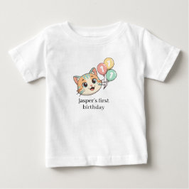 Camiseta Para Bebê Gato com 3 Balões Azuis 1º Aniversário 