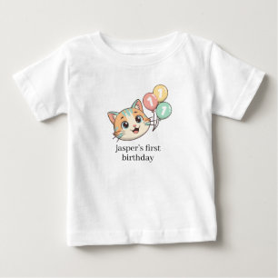 Camiseta Para Bebê Gato com 3 Balões Azuis 1º Aniversário