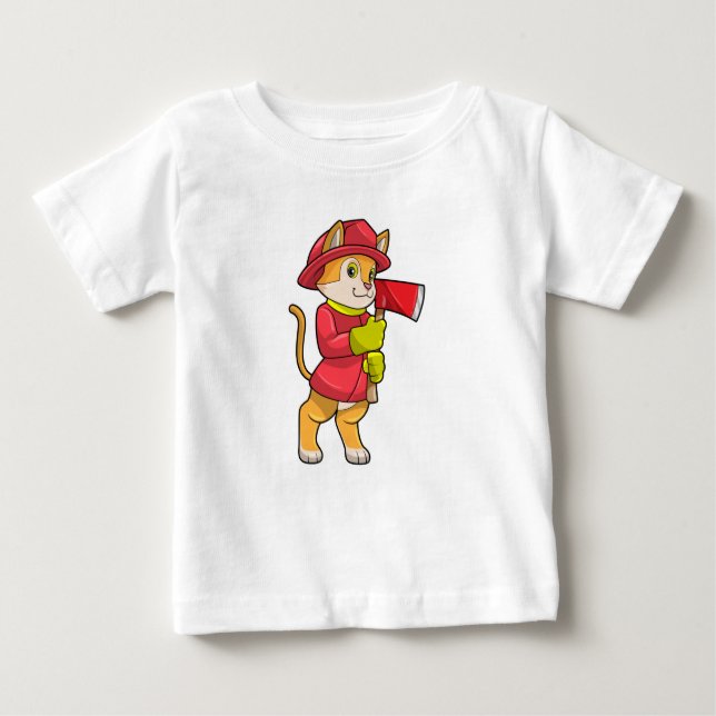 Camiseta Para Bebê Gato como Bombeiro com Ax (Frente)