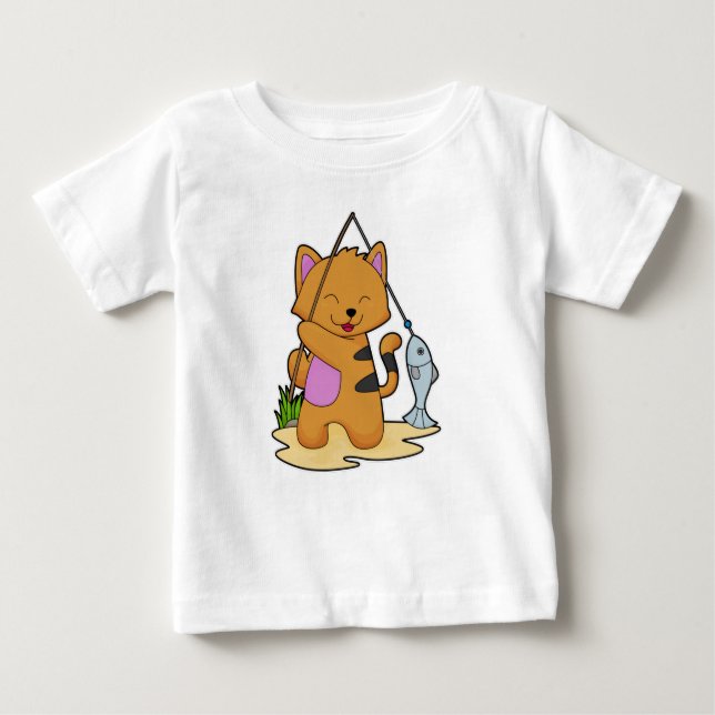 Camiseta Para Bebê Gato como pescador com cana de pesca e peixe (Frente)