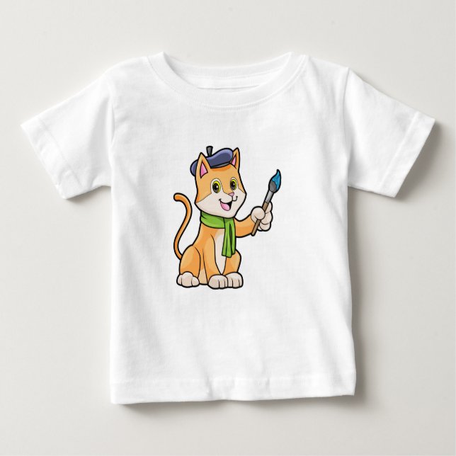 Camiseta Para Bebê Gato como Pintor com Pincel e Escarpo (Frente)
