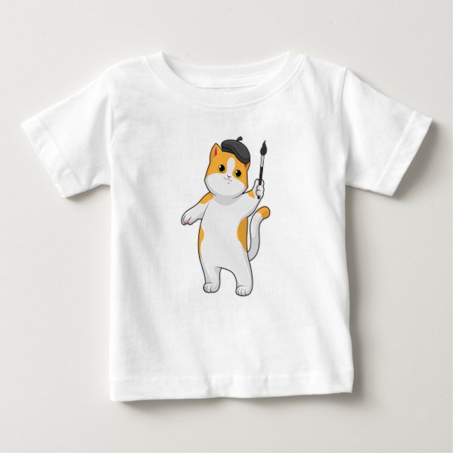 Camiseta Para Bebê Gato como Pintor com Pintor (Frente)
