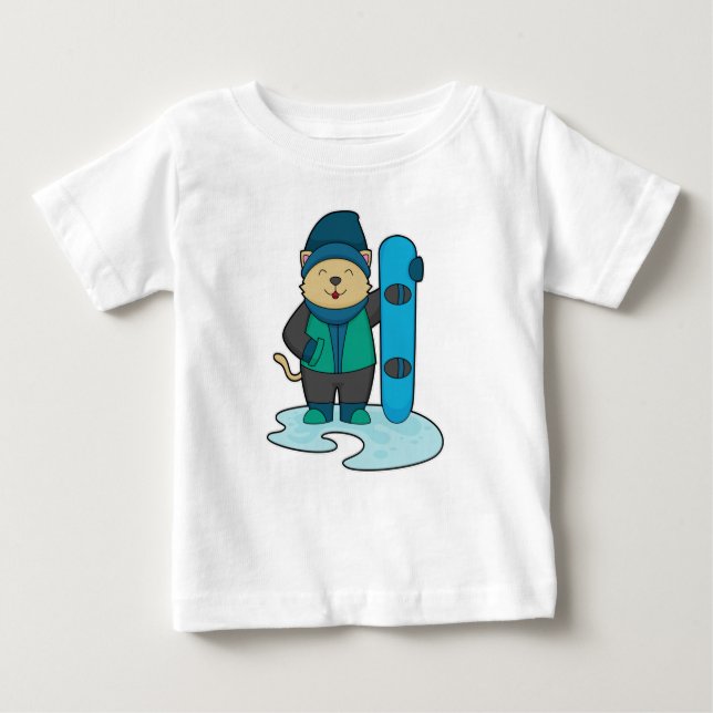 Camiseta Para Bebê Gato como Snowboarder com Snowboard (Frente)