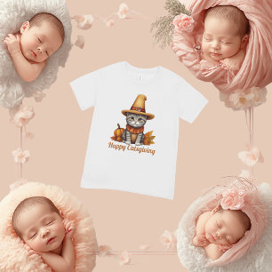 Camiseta Para Bebê Gato de Ação de Graças encantador e festivo disfar