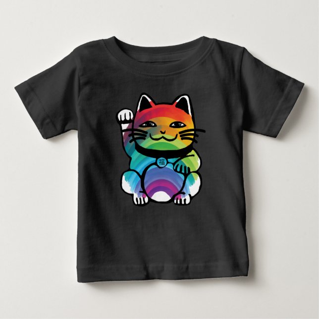 Camiseta Para Bebê Gato de Boa Sorte Japonês com Arco-Íris (Frente)