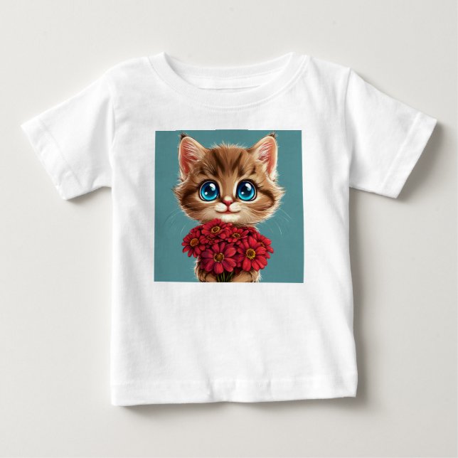Camiseta Para Bebê Gato de desenho animado fofo (Frente)