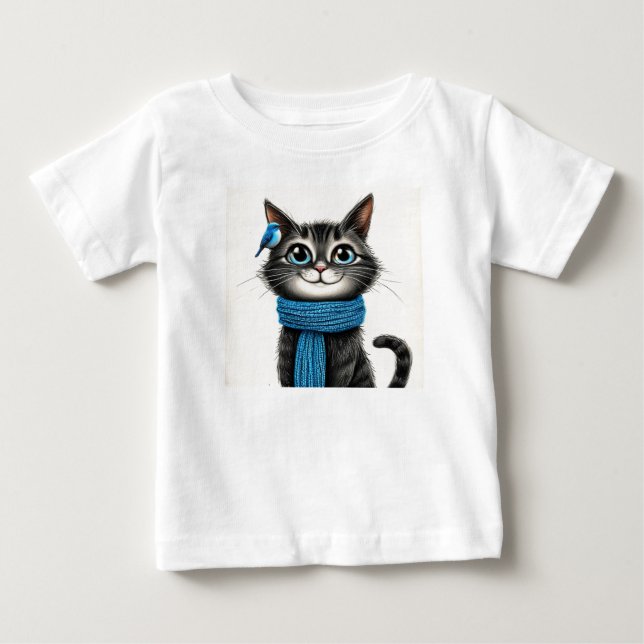 Camiseta Para Bebê Gato de desenho animado fofo (Frente)