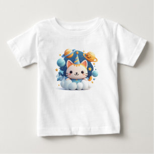 Camiseta Para Bebê Gato de desenho animado fofo em nuvem com chapéu d