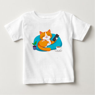 Camiseta Para Bebê Gato de Desenho Animado Relaxado Com Controle Remo