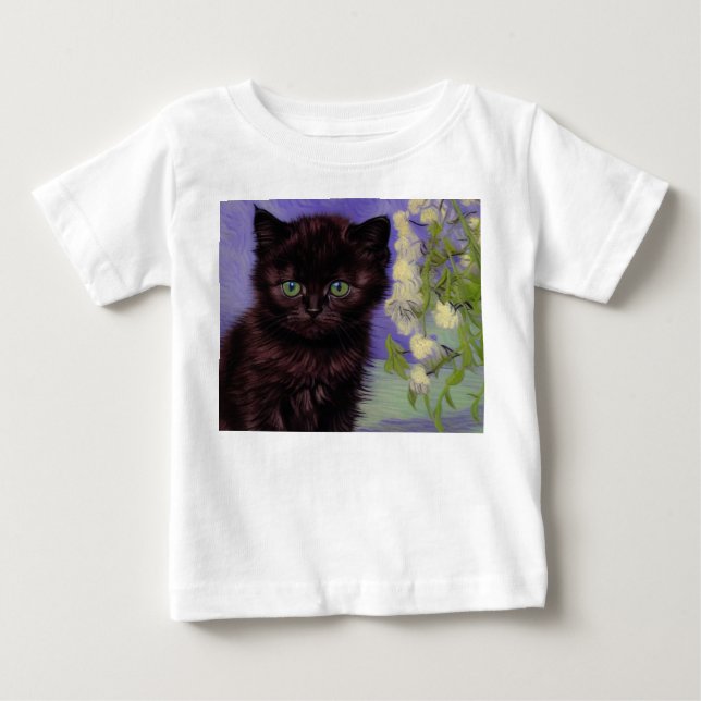 Camiseta Para Bebê Gato de estilo Van Gogh com Flores Brancas (Frente)