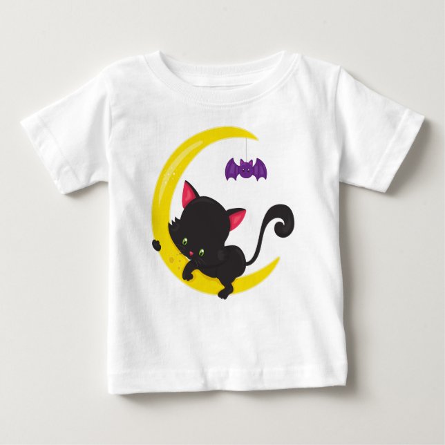 Camiseta Para Bebê Gato De Halloween, Gato Bonito, Gato Negro, Lua, B (Frente)