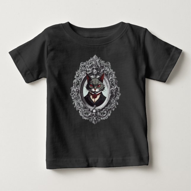 Camiseta Para Bebê Gato de Halloween, Retrato de Gato de Vampiro (Frente)
