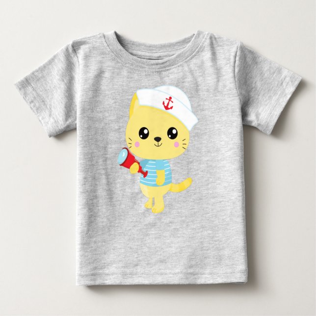 Camiseta Para Bebê Gato De Marinheiro, Capitão De Barco, Chapéu De Ma (Frente)