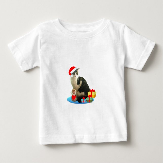 Camiseta Para Bebê gato de mesa de Natal e pequeno anjo fofo (Frente)