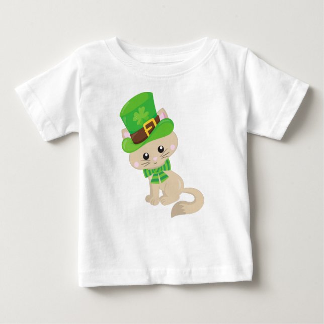 Camiseta Para Bebê Gato do Dia de São Patrício, Chapéu de Leprechaun, (Frente)