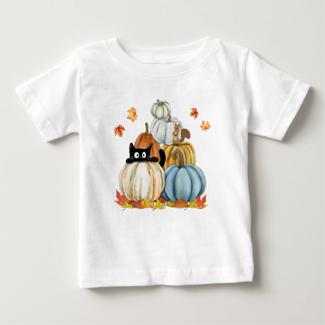 Camiseta Para Bebê Gato e Abóboras no Halloween e Ação de Graças (Frente)