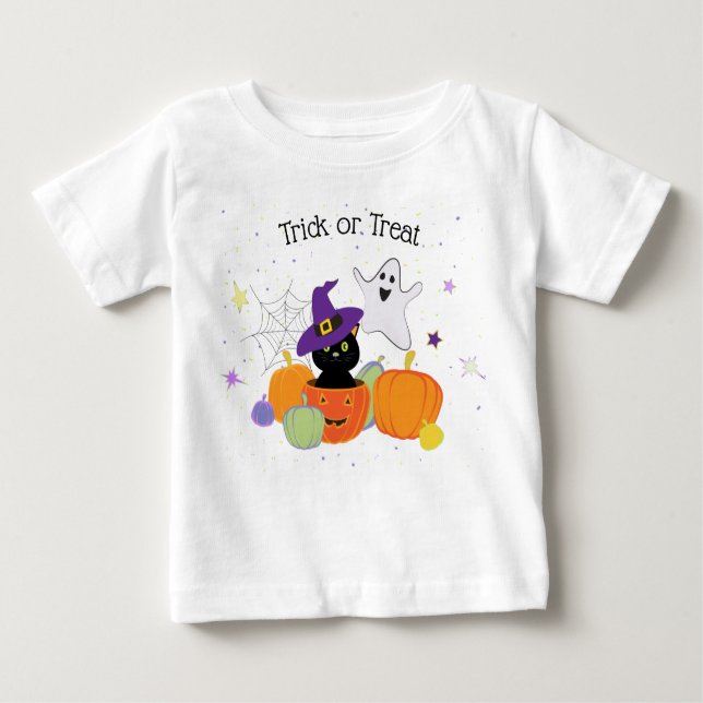 Camiseta Para Bebê Gato e Abóboras Pretos do Halloween (Frente)