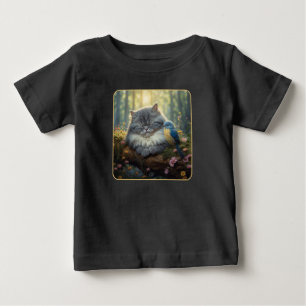 Camiseta Para Bebê Gato e ave em natureza serena