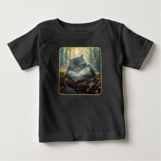 Camiseta Para Bebê Gato e ave em natureza serena