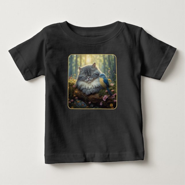 Camiseta Para Bebê Gato e ave em natureza serena (Frente)