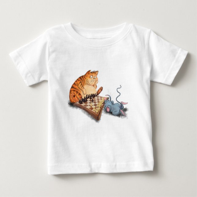 Camiseta Para Bebê Gato e Rato Jogando Xadrez Bebê T-Shirt Divertido (Frente)