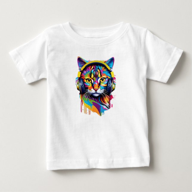 Camiseta Para Bebê Gato em fones de ouvido (Frente)