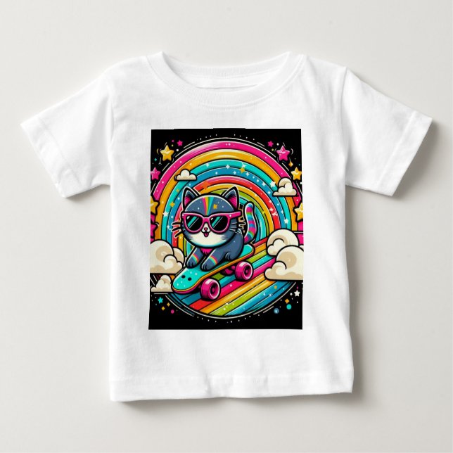Camiseta Para Bebê Gato em skate (Frente)
