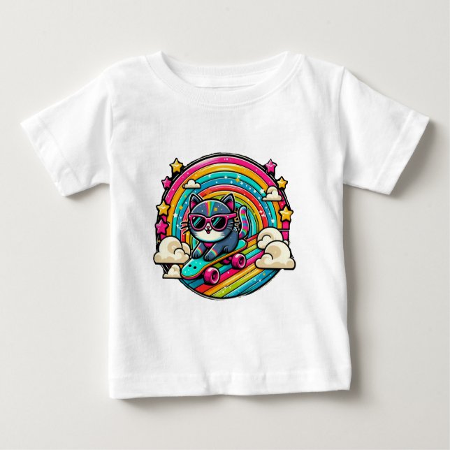Camiseta Para Bebê Gato em skate (Frente)