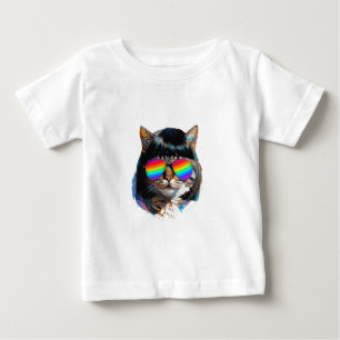 Camiseta Para Bebê Gato em uma Peruca + Óculos de Sol (Pintura #5)