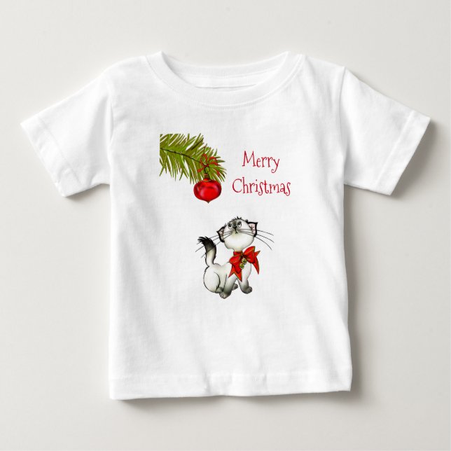 Camiseta Para Bebê Gato Gatinho Curioso Em Um Arco De Natal Vermelho (Frente)