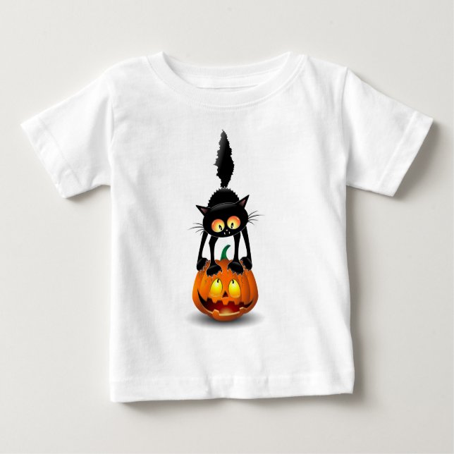 Camiseta Para Bebê Gato Halloween Caricatura Assustada na Pumpkin (Frente)