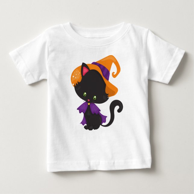 Camiseta Para Bebê Gato Halloween, Gato Bonito, Gato Negro, Chapéu de (Frente)