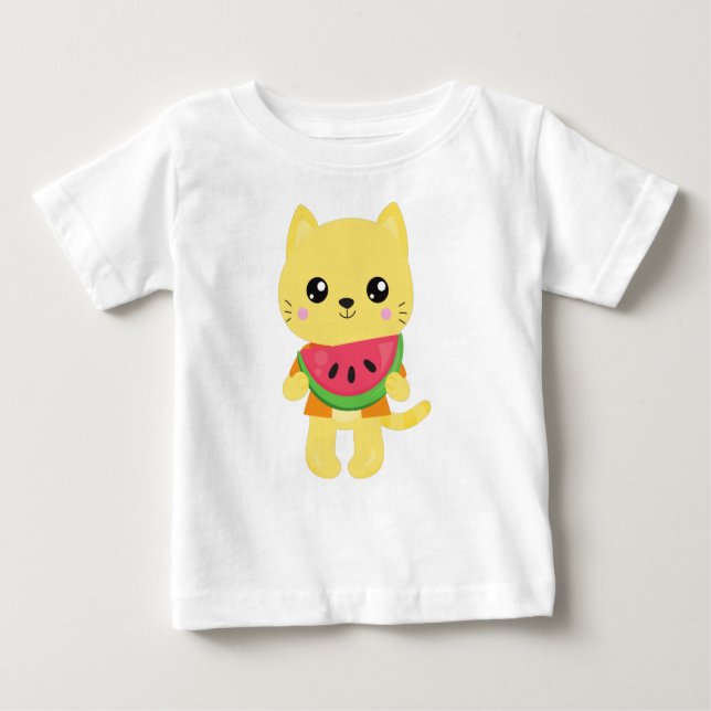 Camiseta Para Bebê Gato Havaí, Gato Gato Gato, Gato Amarelo, Melancia (Frente)