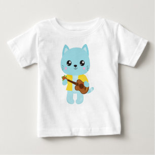 Camiseta Para Bebê Gato Havaí, Gato Gato Gato, Gato Azul, Violão, Lua