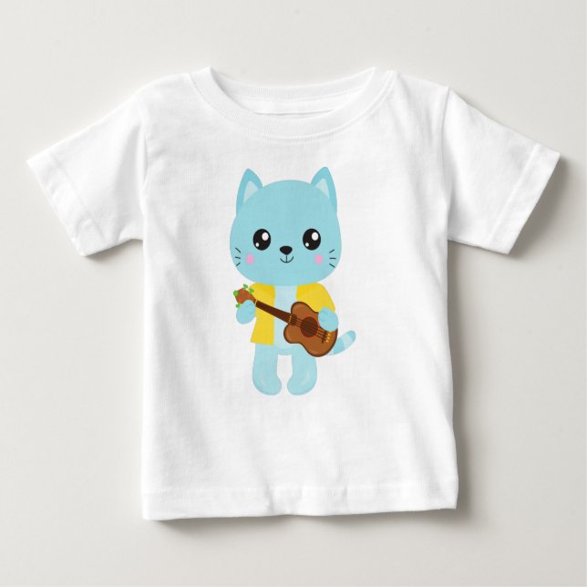 Camiseta Para Bebê Gato Havaí, Gato Gato Gato, Gato Azul, Violão, Lua (Frente)