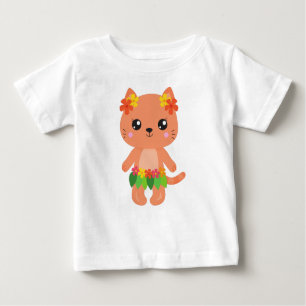 Camiseta Para Bebê Gato Hawaii, Gato Fofo, Gato Laranja, Flores, Luau