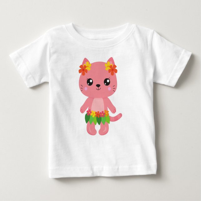 Camiseta Para Bebê Gato Hawaii, Gato Gato Giro, Gato Rosa, Flores, Lu (Frente)
