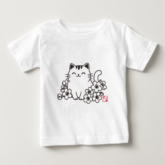 Camiseta Para Bebê Gato japonês bonito e Sakura com Carimbo Neko (Frente)