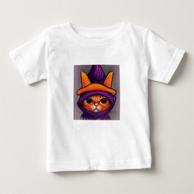 Camiseta Para Bebê Gato Laranja com Chapéu de Bruxa Roxo (Frente)