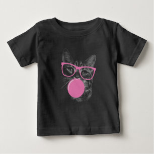 Camiseta Para Bebê Gato legal com Óculos Rosa e Goma-Bolha