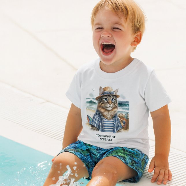 Camiseta Para Bebê Gato legal de Kitty na Praia (Fun in the sun , toddler or baby boy swim t-shirt.  "too cool for the kiddie pool")