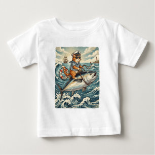 Camiseta Para Bebê Gato Marinheiro Engraçado Montando Atum Vintage 
